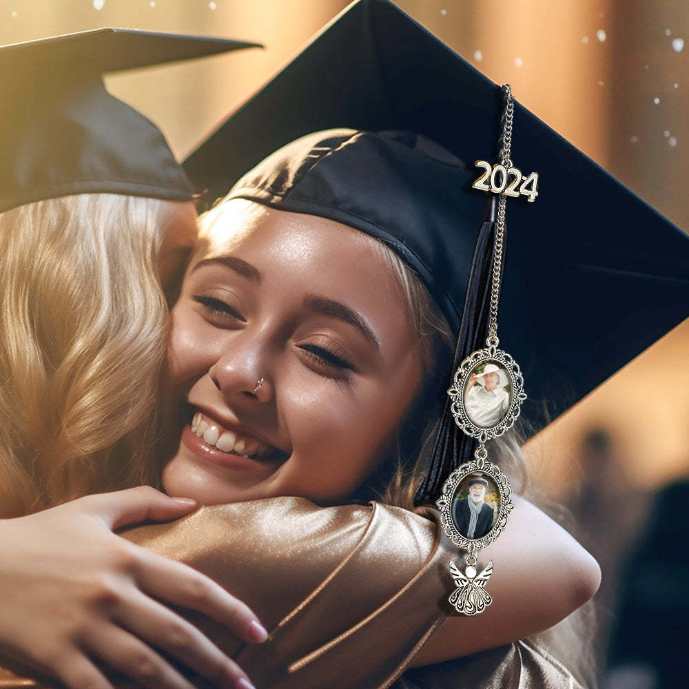 2024 Personalized Graduation Photo Memorial Tassel Charm with Angel Wing Grad Cap Graduation Gift