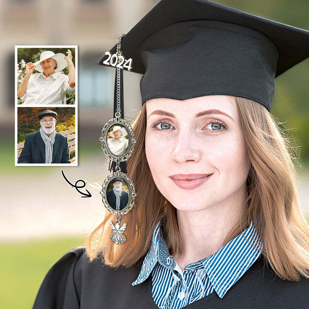 2024 Personalized Graduation Photo Memorial Tassel Charm with Angel Wing Grad Cap Graduation Gift