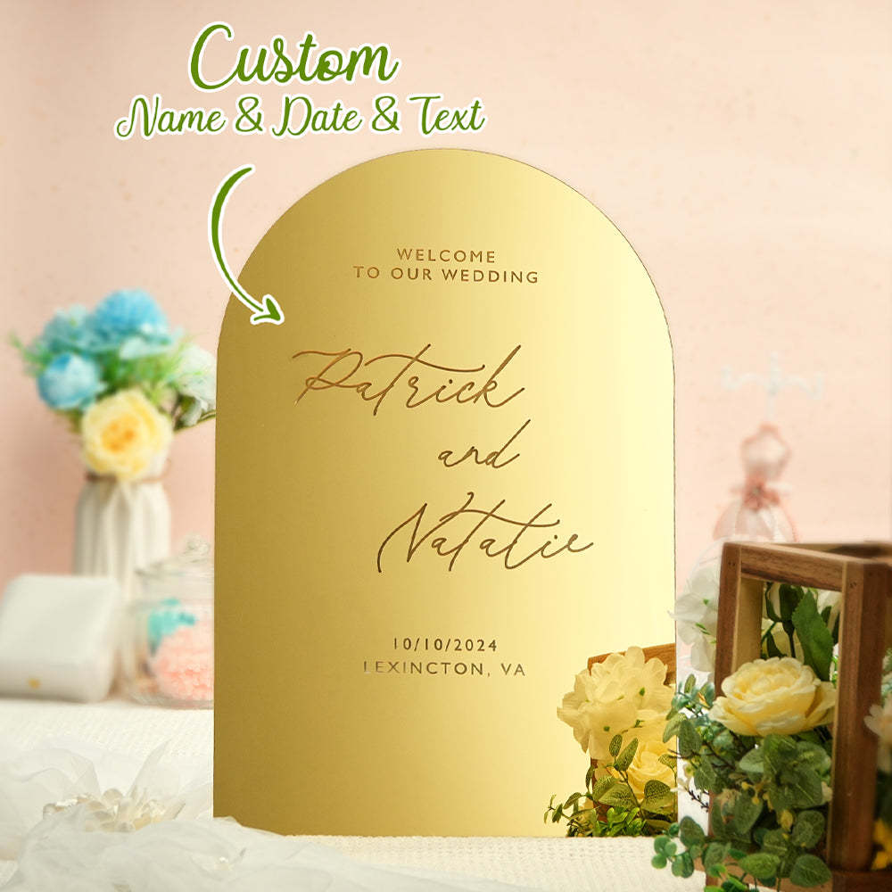 Personalized Arched Wedding Sign Gold Mirror Welcome Sign Gift for Wedding -