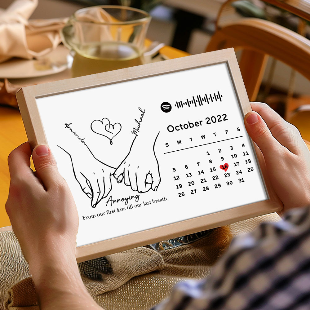 Custom Photo Forever Love Calendar and Names with Spotify code Wooden Frame Gifts for Her Love Couple