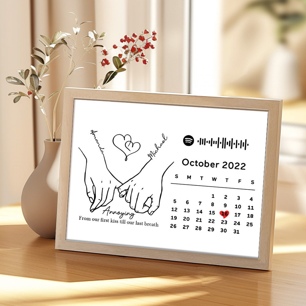 Custom Photo Forever Love Calendar and Names with Spotify code Wooden Frame Gifts for Her Love Couple