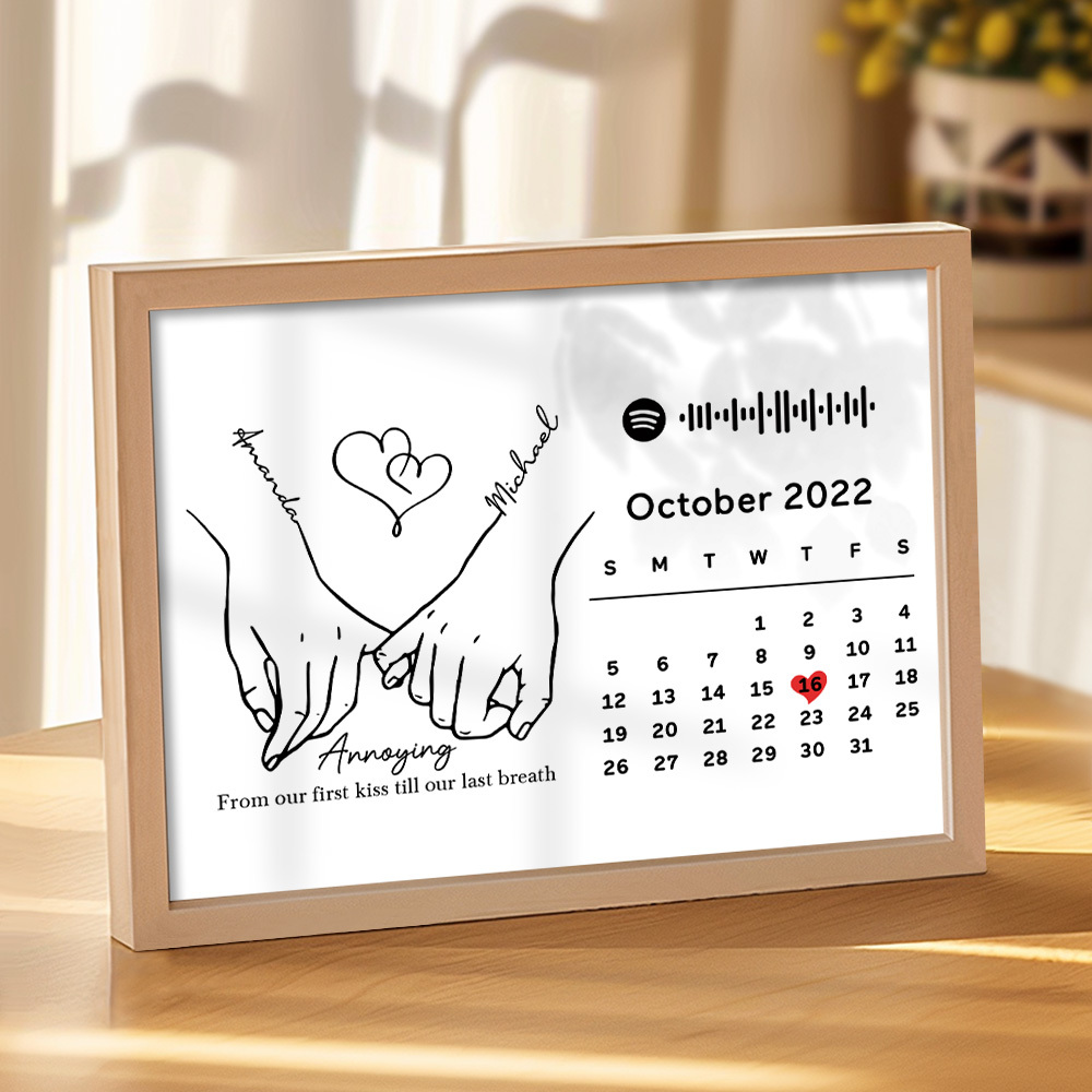 Custom Photo Forever Love Calendar and Names with Spotify code Wooden Frame Gifts for Her Love Couple