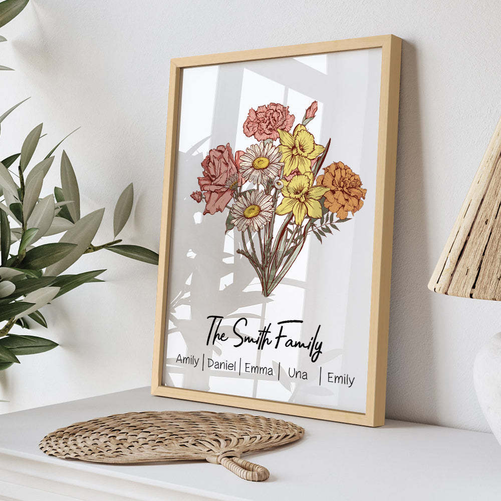 Personalized Birth flower Bouquet Names Frame Gift for Mom -