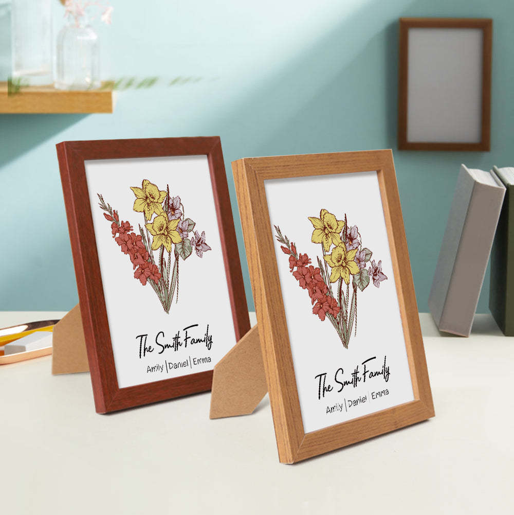 Personalized Birth flower Bouquet Beech Wood Names Frame Gift for Mom -