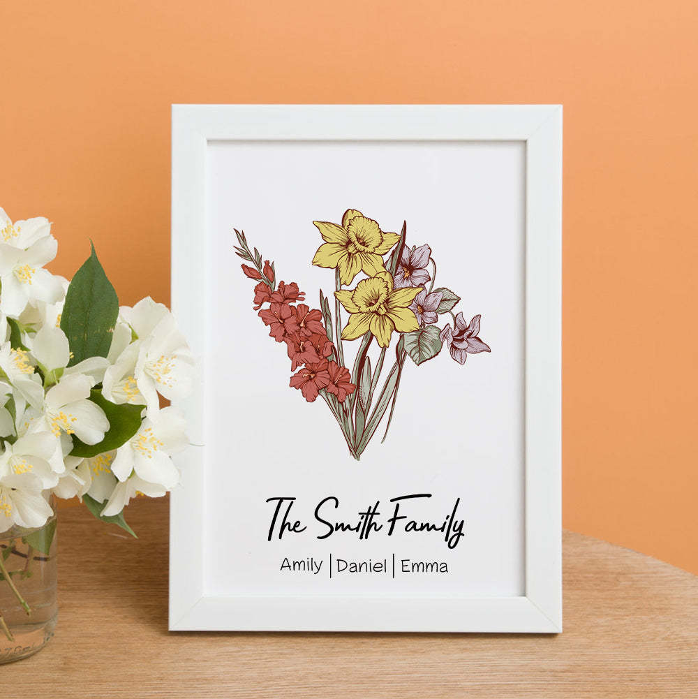 Personalized Birth flower Bouquet White Names Frame Gift for Mom -