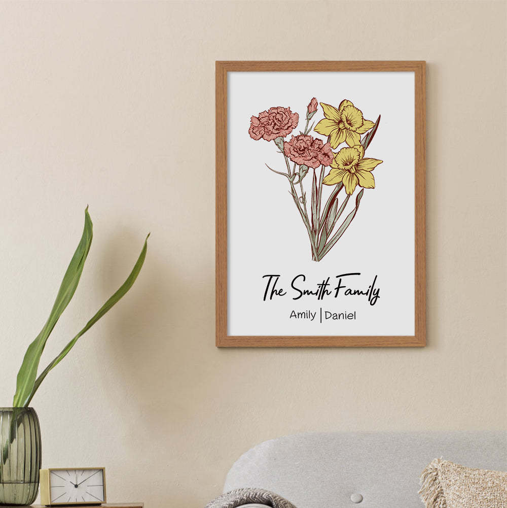 Personalized Birth flower Bouquet Beech Wood Names Frame Gift for Mom -