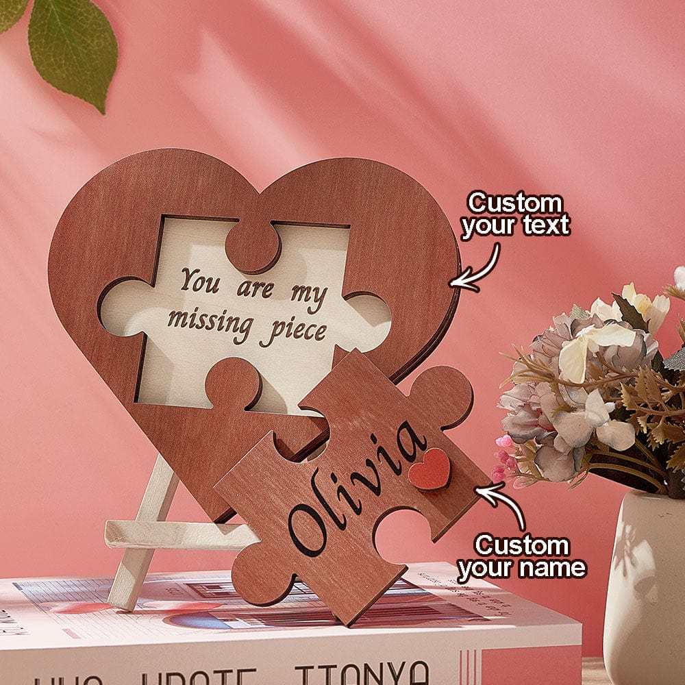 Custom Love Puzzle Piece Sign Personalized Wooden Heart Shaped Plaque Romantic Gifts for Her - Giftlab