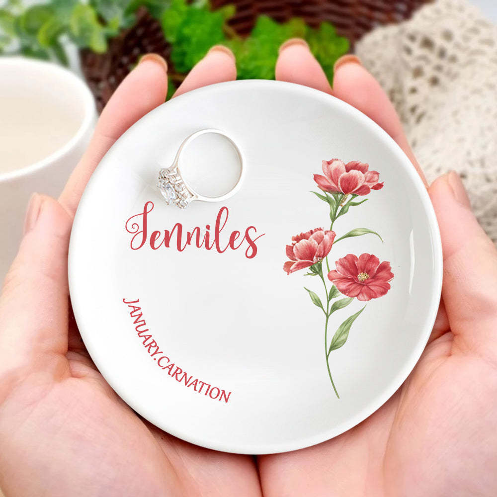 Personalized Birth Flower Floral Ring Jewelry Dish Gift for Her -
