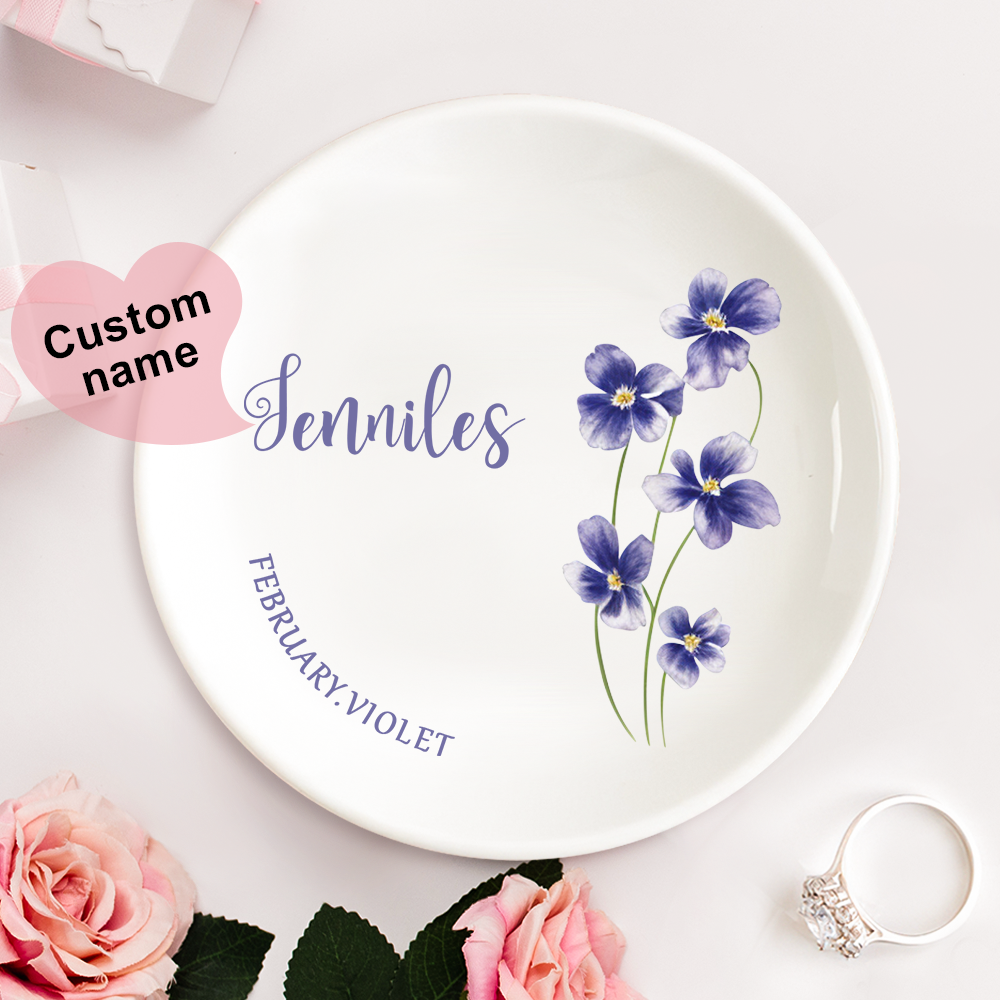 Personalized Birth Flower Floral Ring Jewelry Dish Gift for Her -