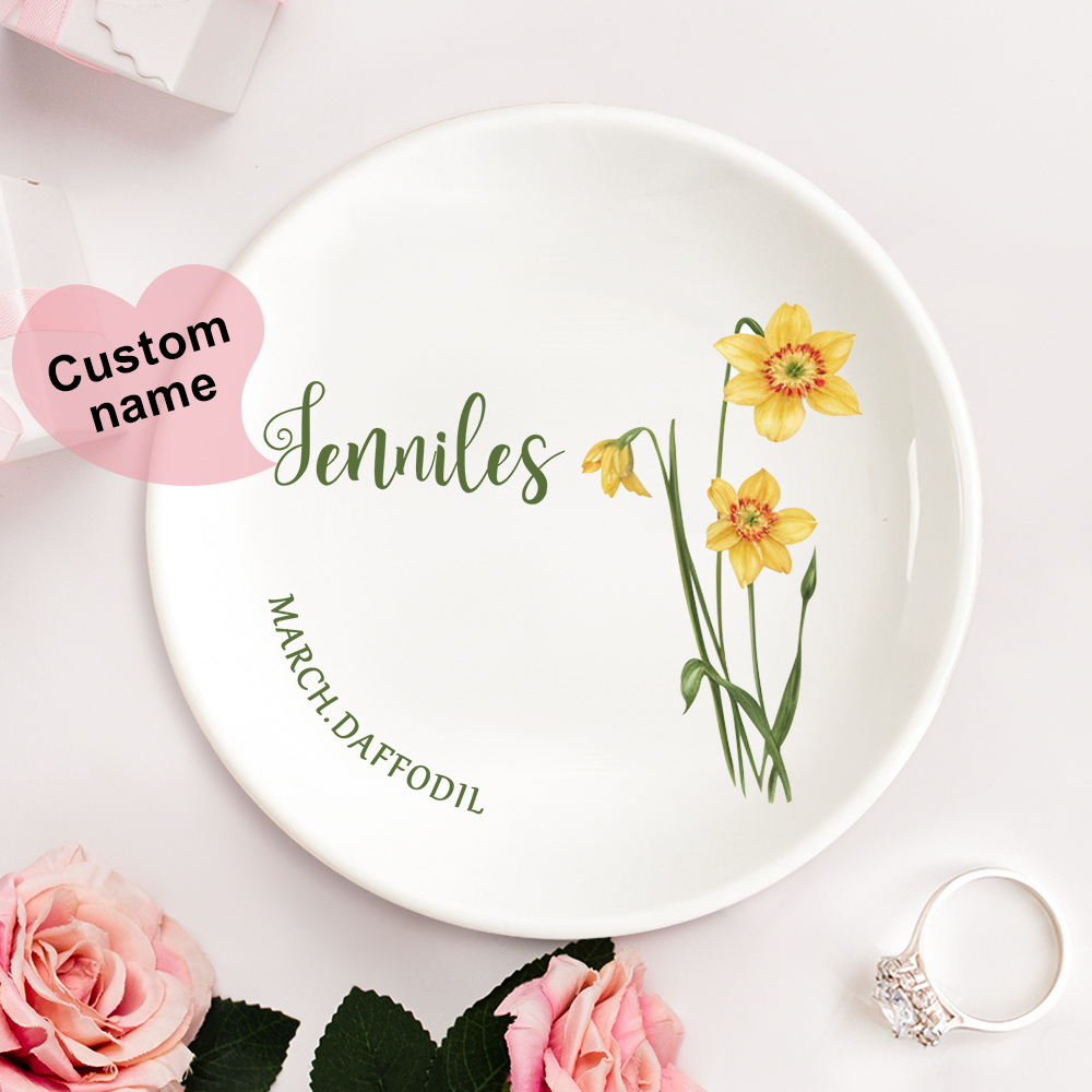 Personalized Birth Flower Floral Ring Jewelry Dish Gift for Her -