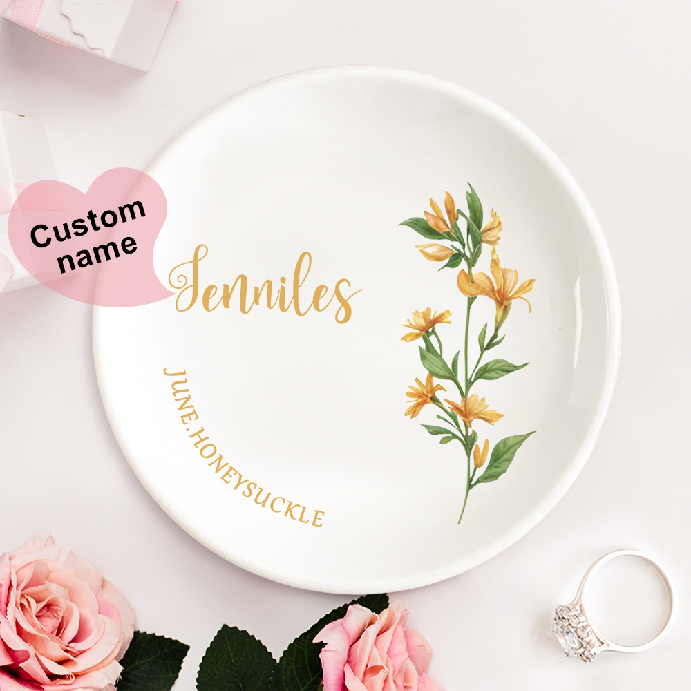 Personalized Birth Flower Floral Ring Jewelry Dish Gift for Her -