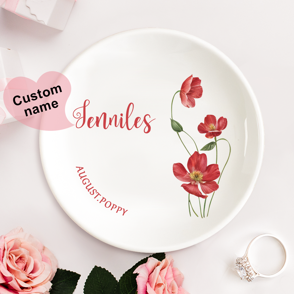 Personalized Birth Flower Floral Ring Jewelry Dish Gift for Her -