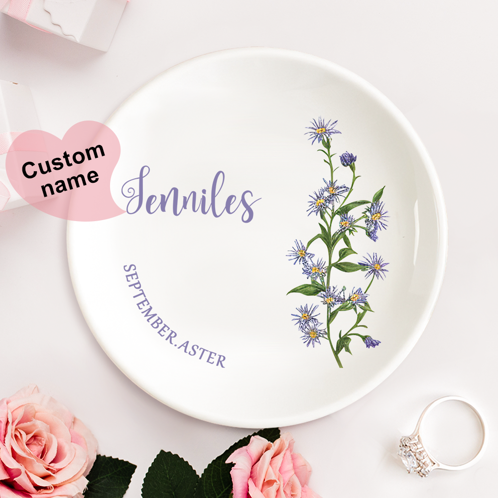 Personalized Birth Flower Floral Ring Jewelry Dish Gift for Her -