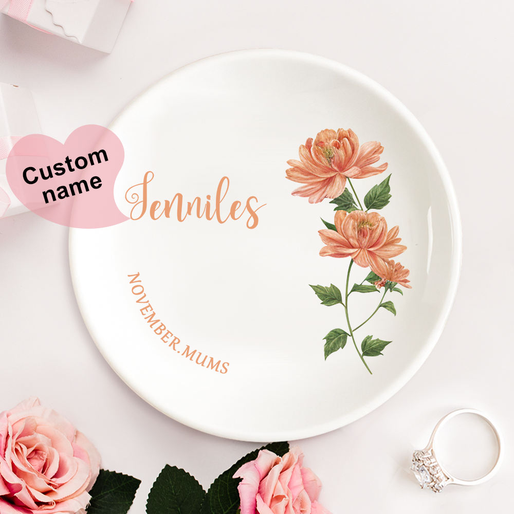 Personalized Birth Flower Floral Ring Jewelry Dish Gift for Her -