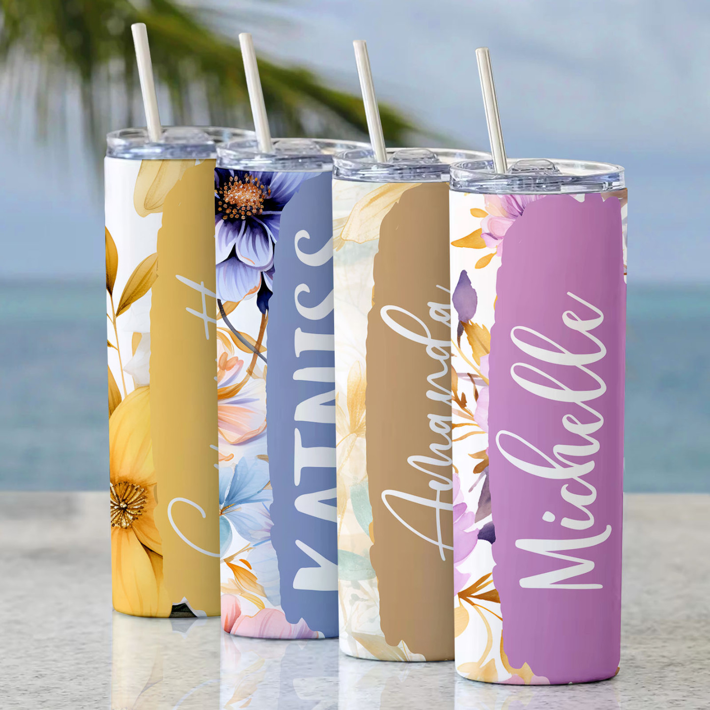Custom Floral Tumbler Personalized Name Beach Water Cup