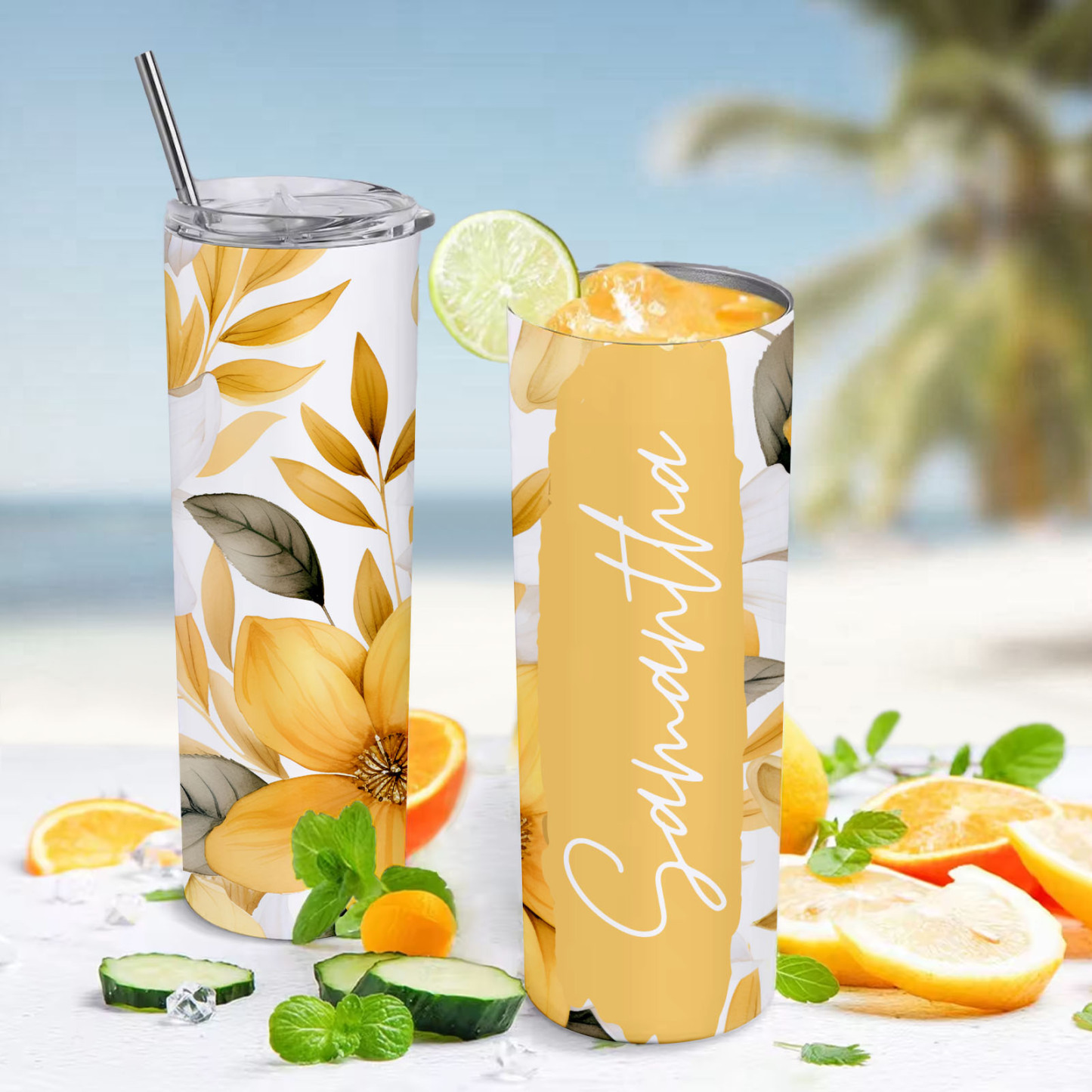 Custom Floral Tumbler Personalized Name Beach Water Cup