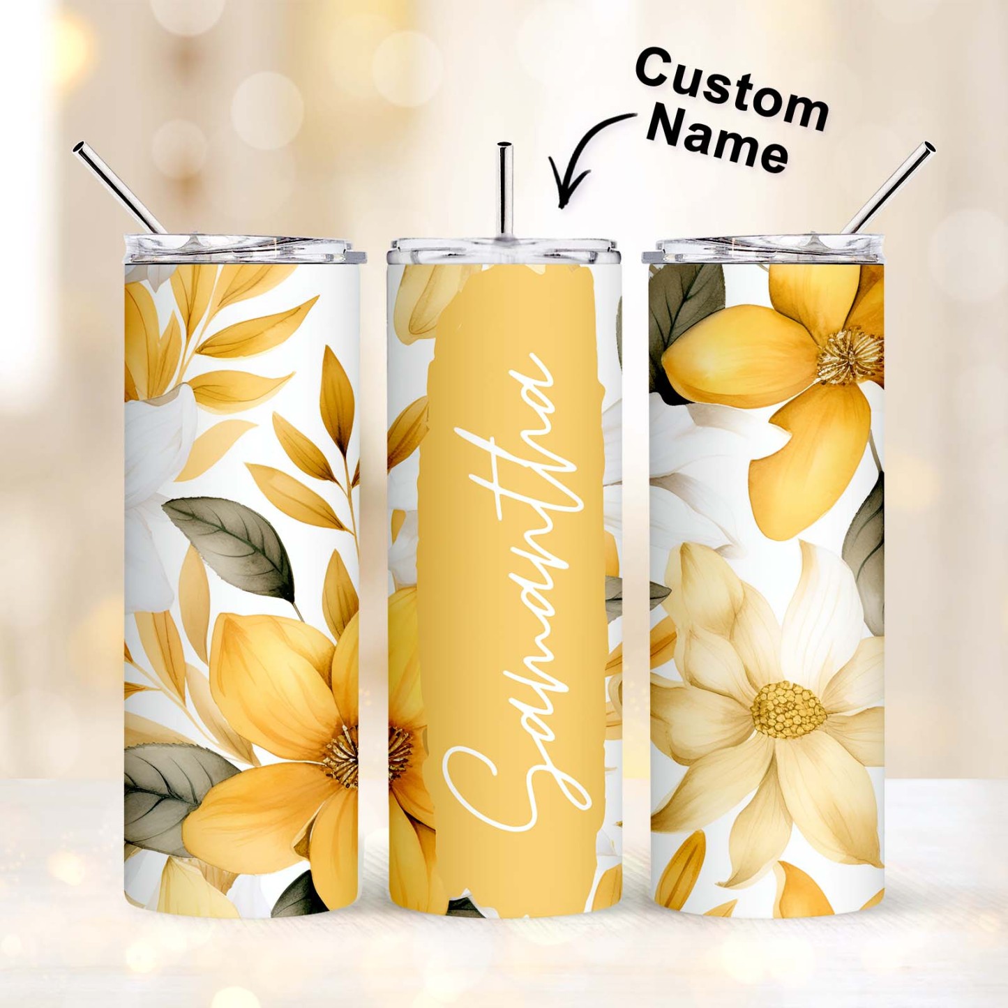 Custom Floral Tumbler Personalized Name Beach Water Cup