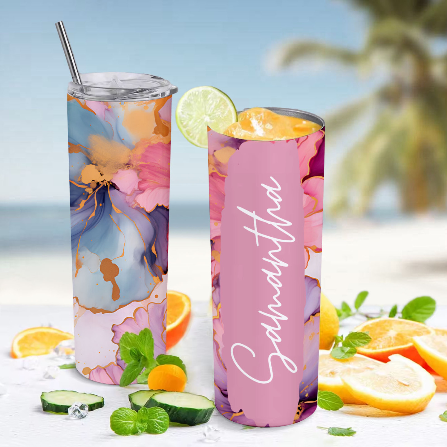 Rose Flower Personalized Name Tumbler 3D Beach Water Cup