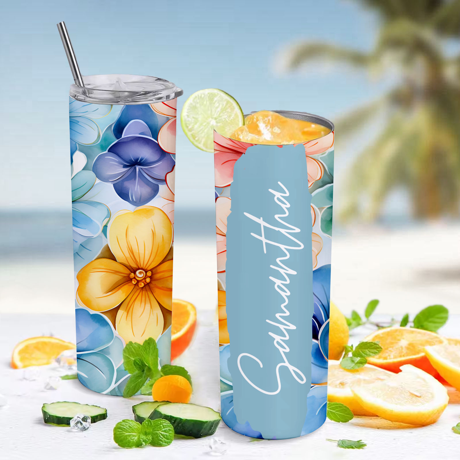 Personalized Name Floral Tumbler Retro Wedding Gift