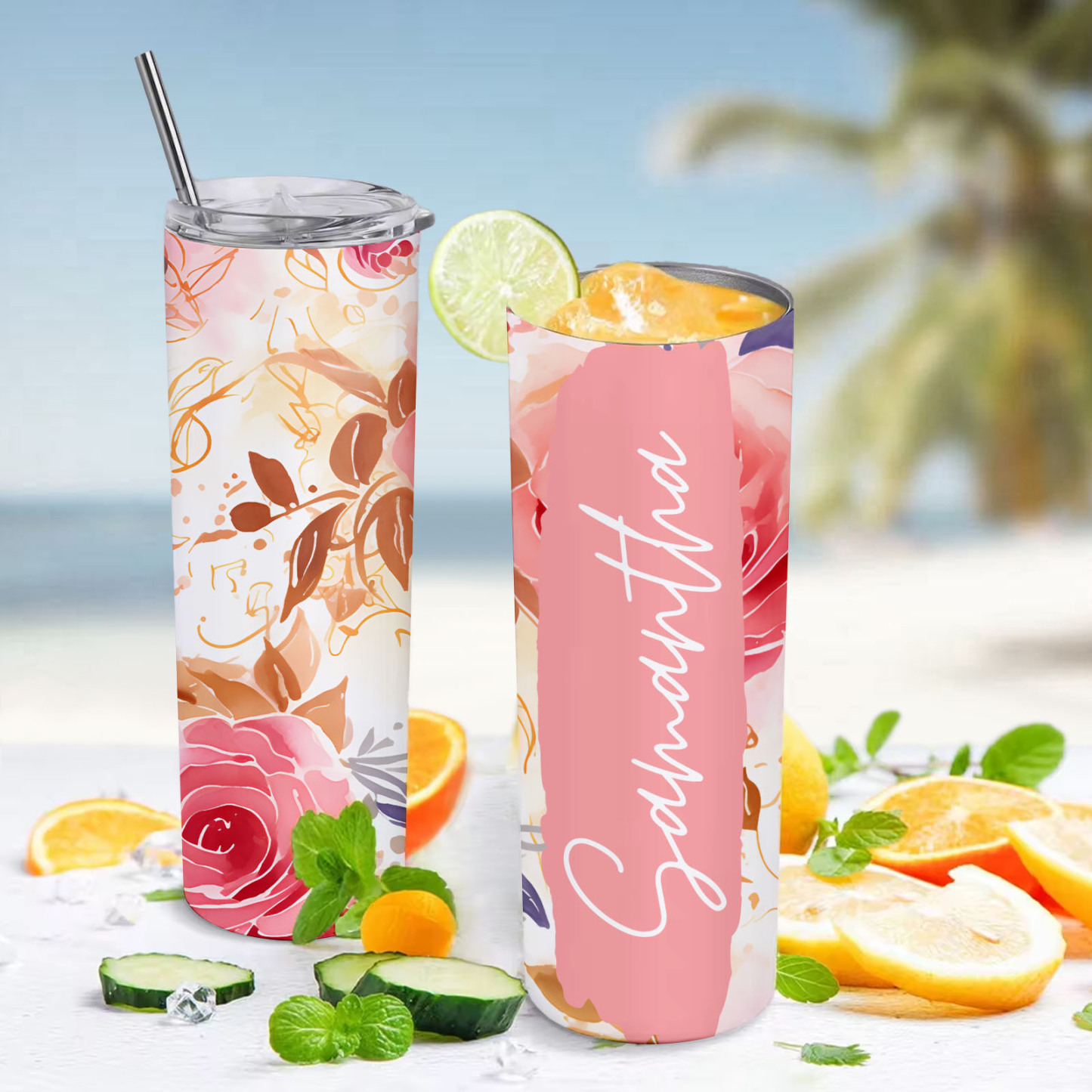 Custom Name Floral Tumbler Skinny Wedding Summer Gift