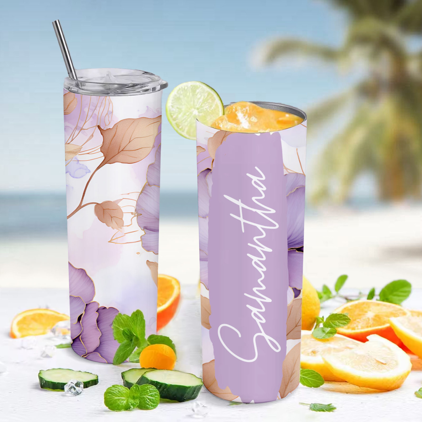 Custom Name Floral Tumbler Personalized Beach Water Cup