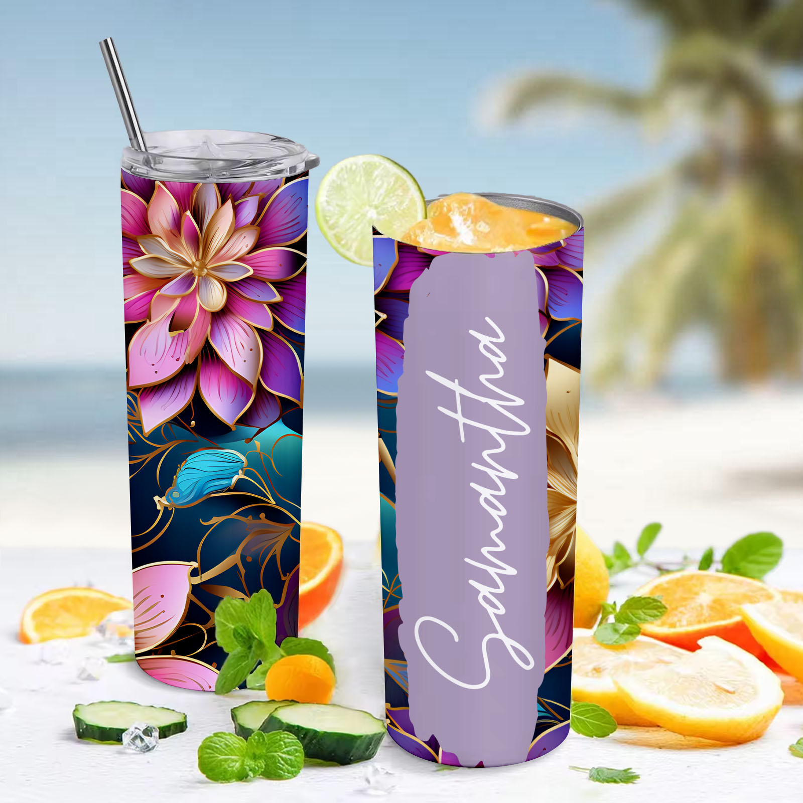 Personalized Name Floral Tumbler Retro Summer Wedding Gift