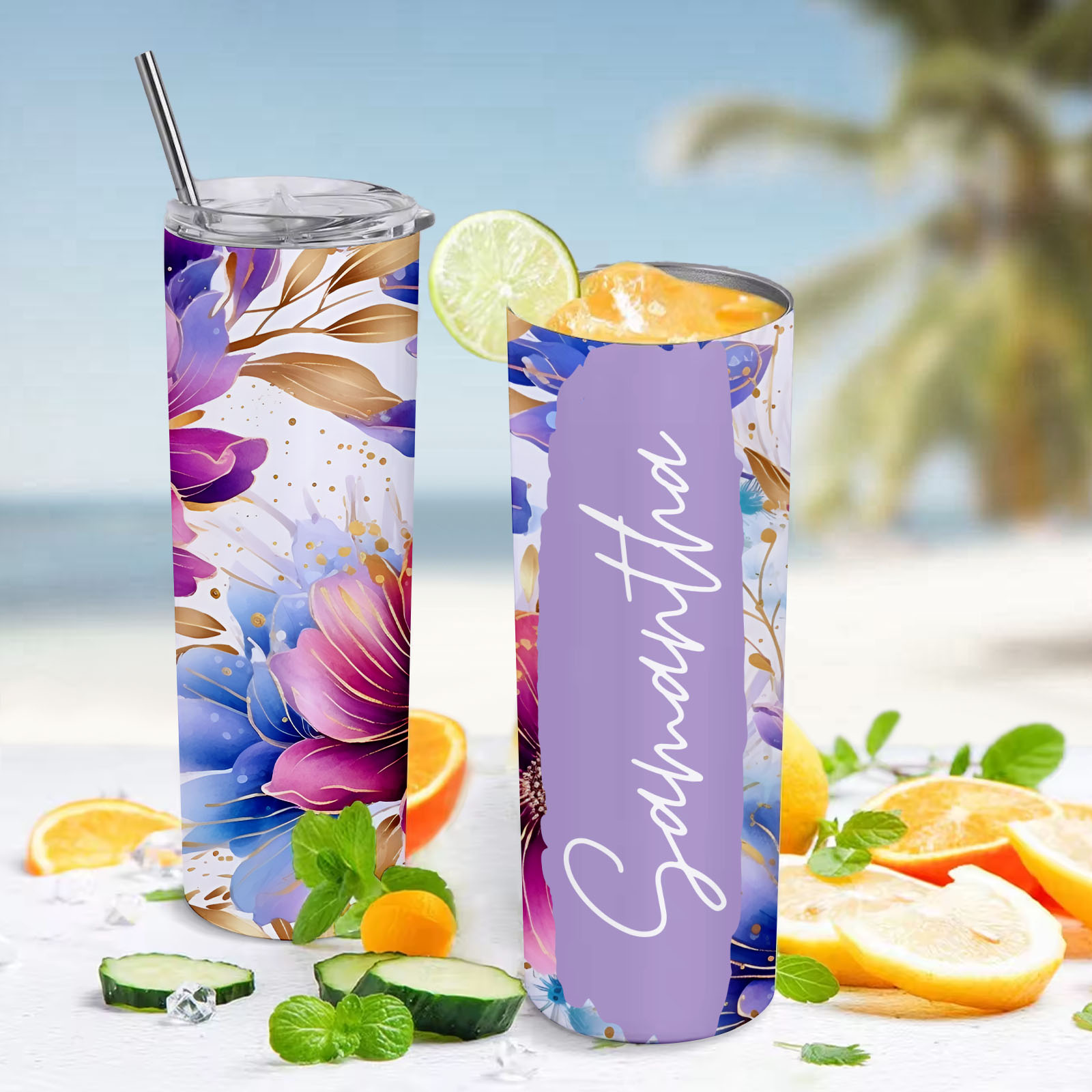Personalized Name Colorful Flowers Water Cup Wedding Gift