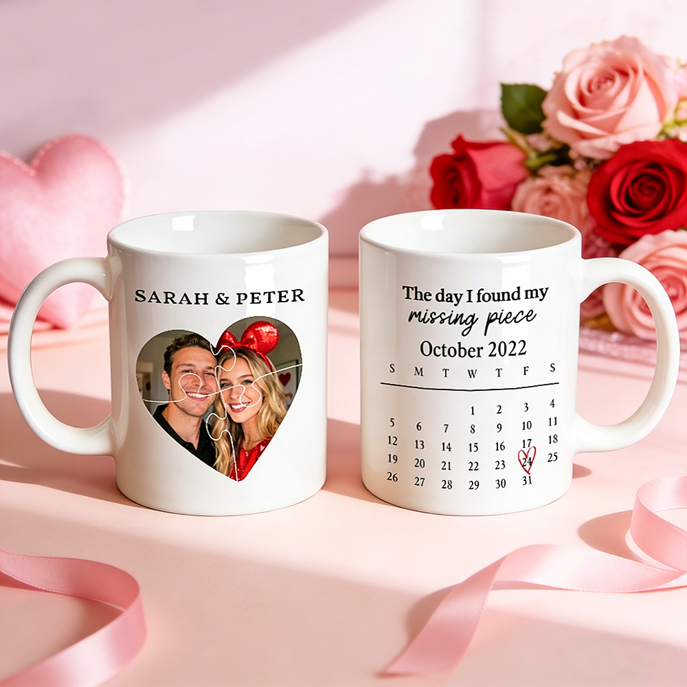 Personalized Couple Mug with Photo & Calendar Custom Name Coffee Cup Anniversary Gift for Him or Her