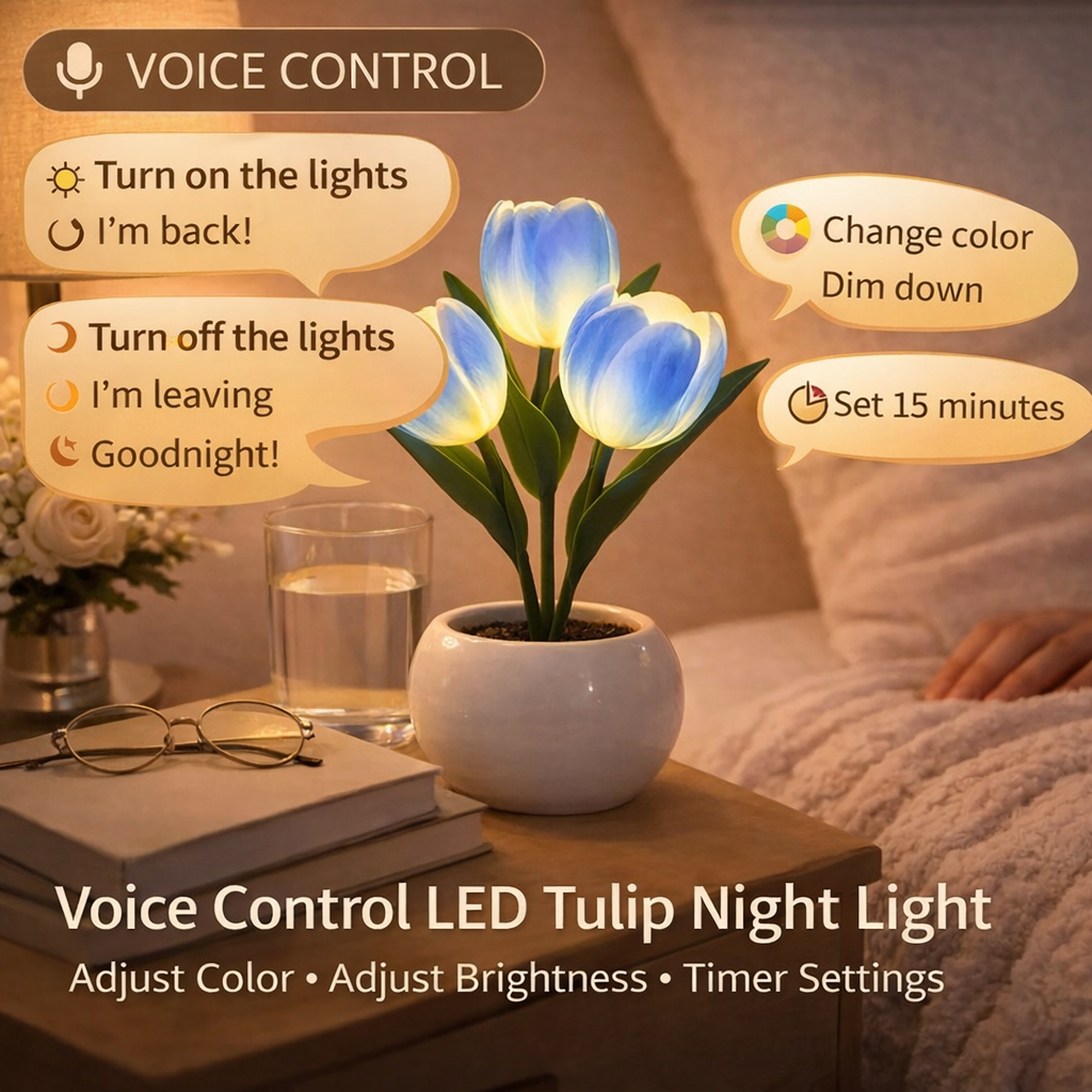 Voice Control LED Tulip Night Light – Dimmable Color Changing Flower Lamp with Timer, Romantic Artificial Tulip Table Lamp Gift for Mom, Wife, Girlfriend