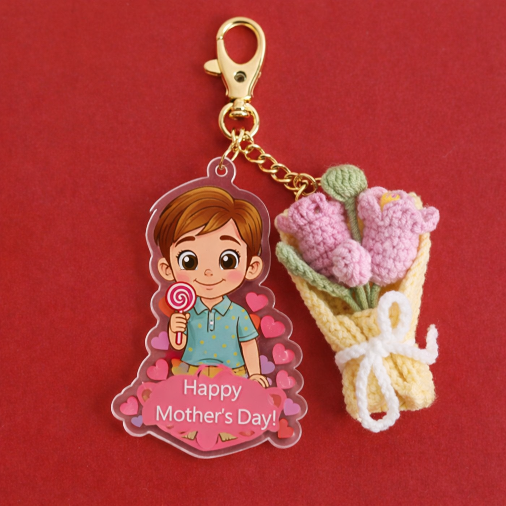 Mother’s Day Keychain Gift | Cute Girl Acrylic Charm with Handmade Crochet Carnation Bouquet | Sweet & Thoughtful Gift - MySpotifyGlass