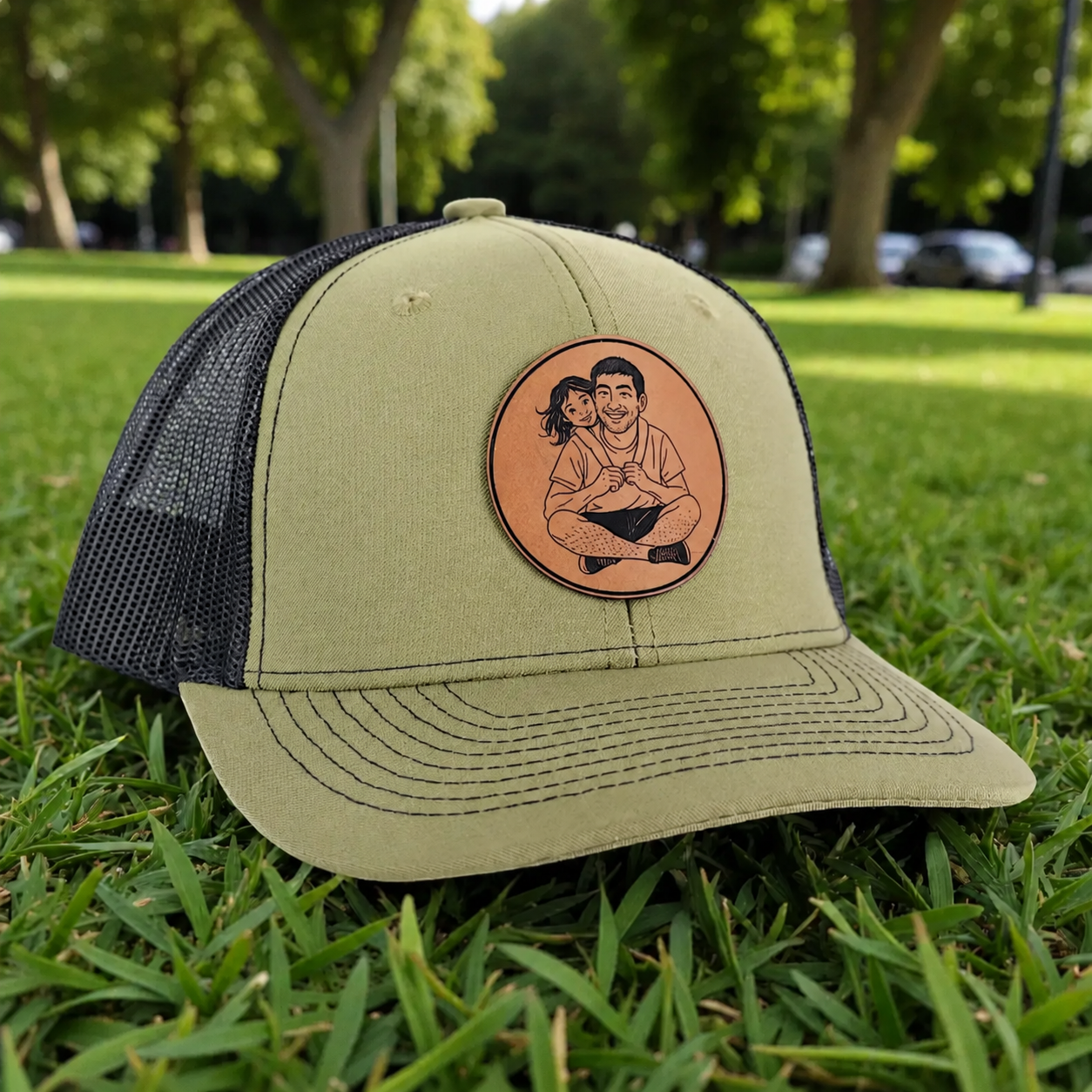 Custom Dad And Child Portrait Leather Patch Hat, Personalized Trucker Cap Gift from Child