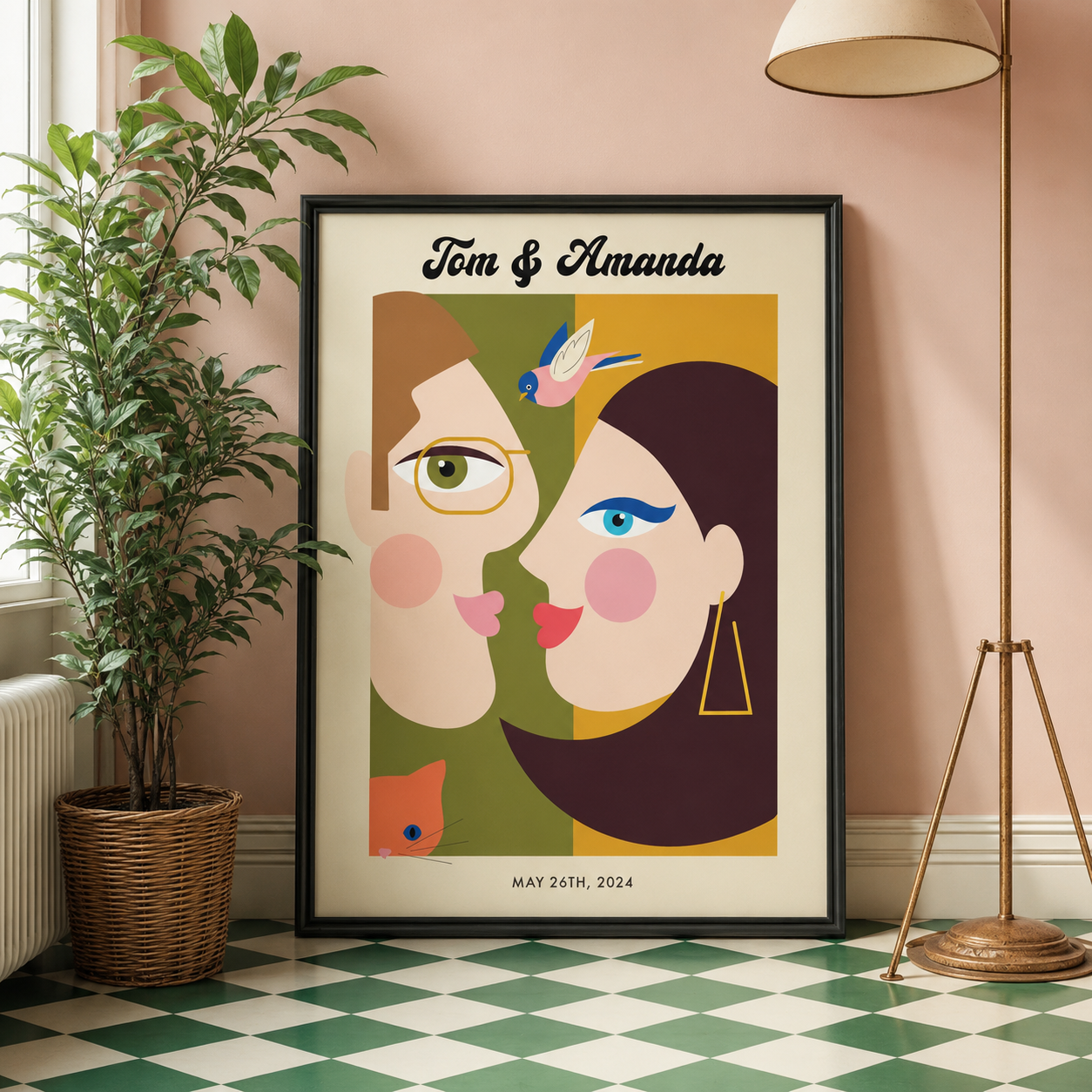 Personalized Abstract Family Illustration - Custom Name & Character Mid-Century Modern Wall Decor, Framed Art Print
