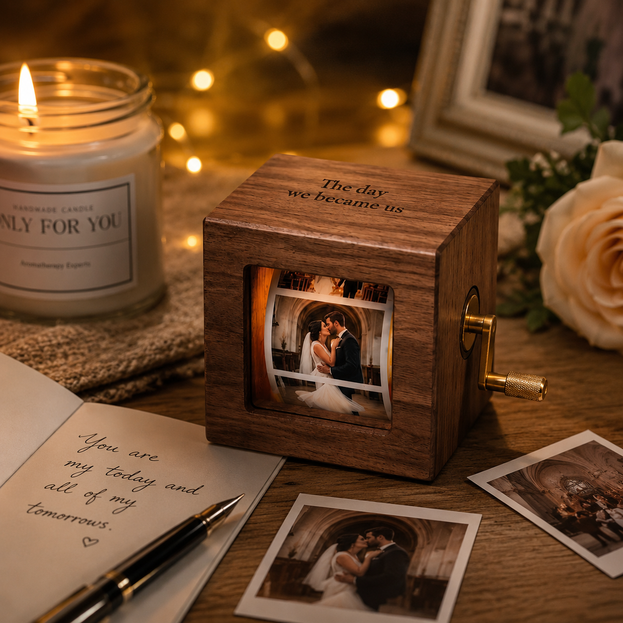 Custom Wooden Hand-Crank Photo Frame - Personalized Film Roll Memory Box - Engraved Music Box Anniversary Wedding Gift