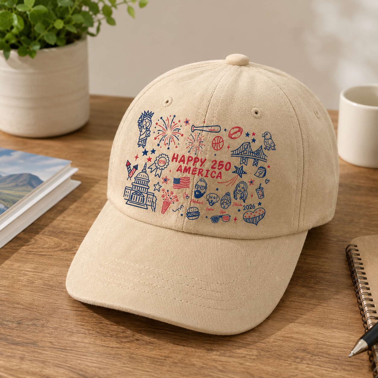 Custom Family Face Embroidered America 250th Anniversary Denim Hat - Personalized USA Semiquincentennial 1776-2026 Vintage Washed Baseball Cap