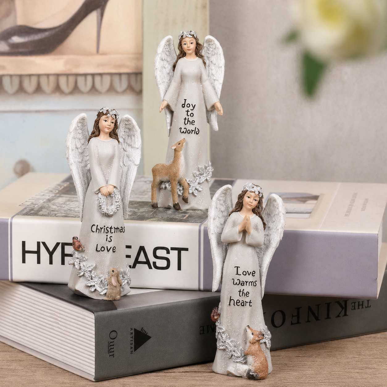Rustic Woodland Angel Figurines with Forest Animals - Hand-Carved Look Resin Guardian Angel Statue for Home Decor