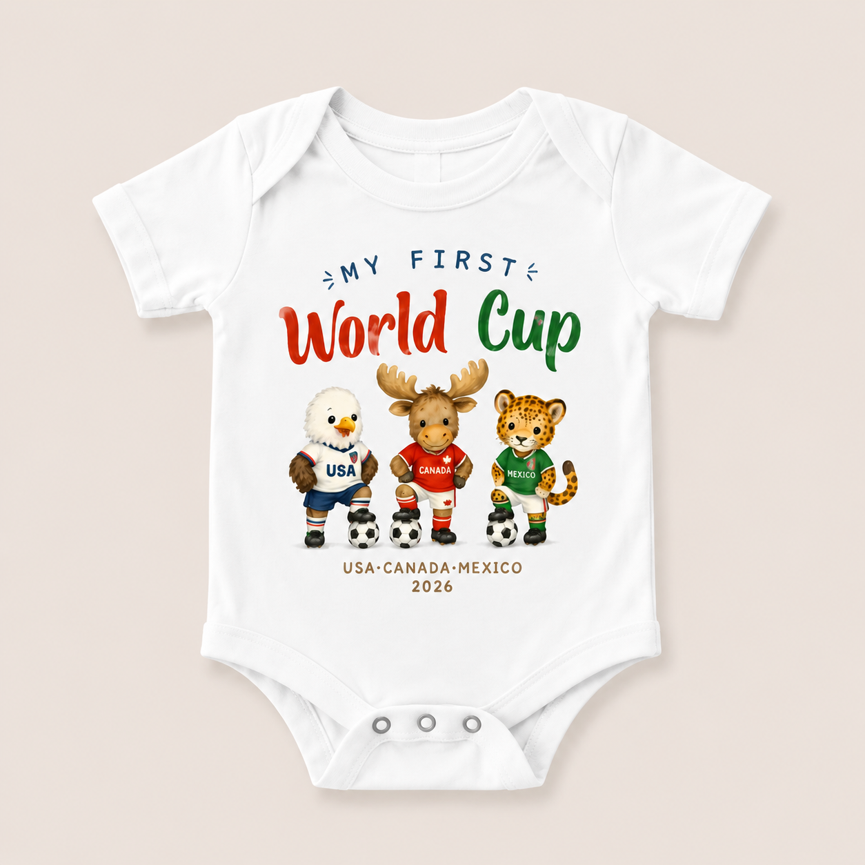 My First 2026 Soccer Celebration Baby T-Shirt - Cute USA Canada Mexico Animal Mascots Tee for Infants & Toddlers