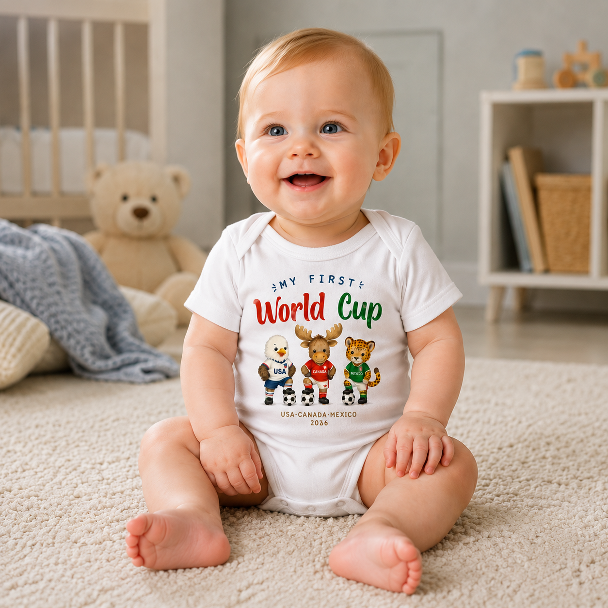 My First 2026 Soccer Celebration Baby T-Shirt - Cute USA Canada Mexico Animal Mascots Tee for Infants & Toddlers