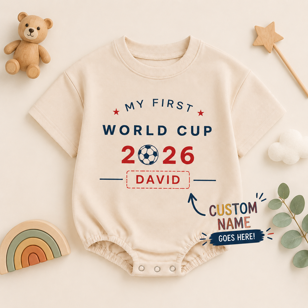 Custom Name "My First Soccer 2026" Baby Bubble Romper - Personalized Infant Football Playwear Onesie