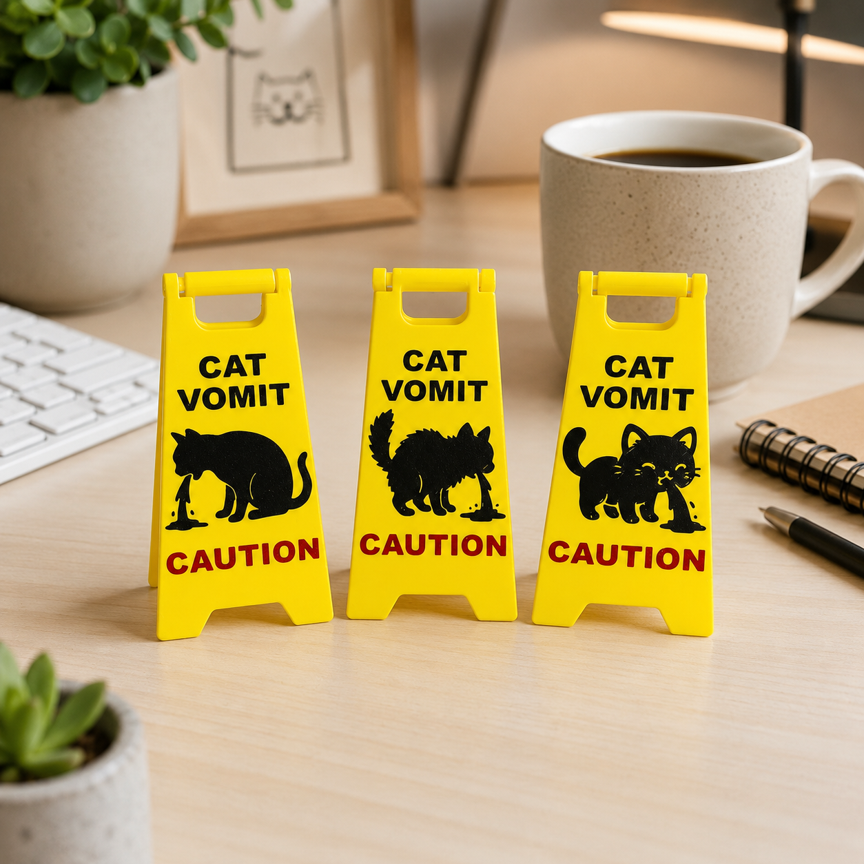 Funny "Caution: Cat Vomit" Miniature Warning Sign - Hilarious Desktop Gag Gift & Desk Decor for Cat Owners