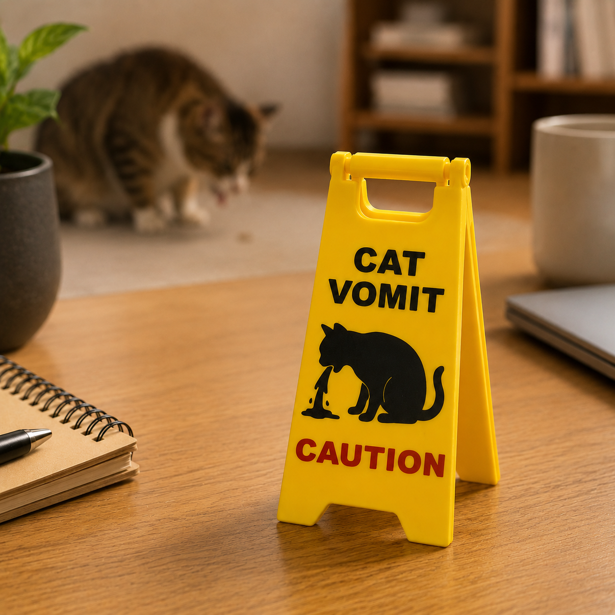 Funny "Caution: Cat Vomit" Miniature Warning Sign - Hilarious Desktop Gag Gift & Desk Decor for Cat Owners
