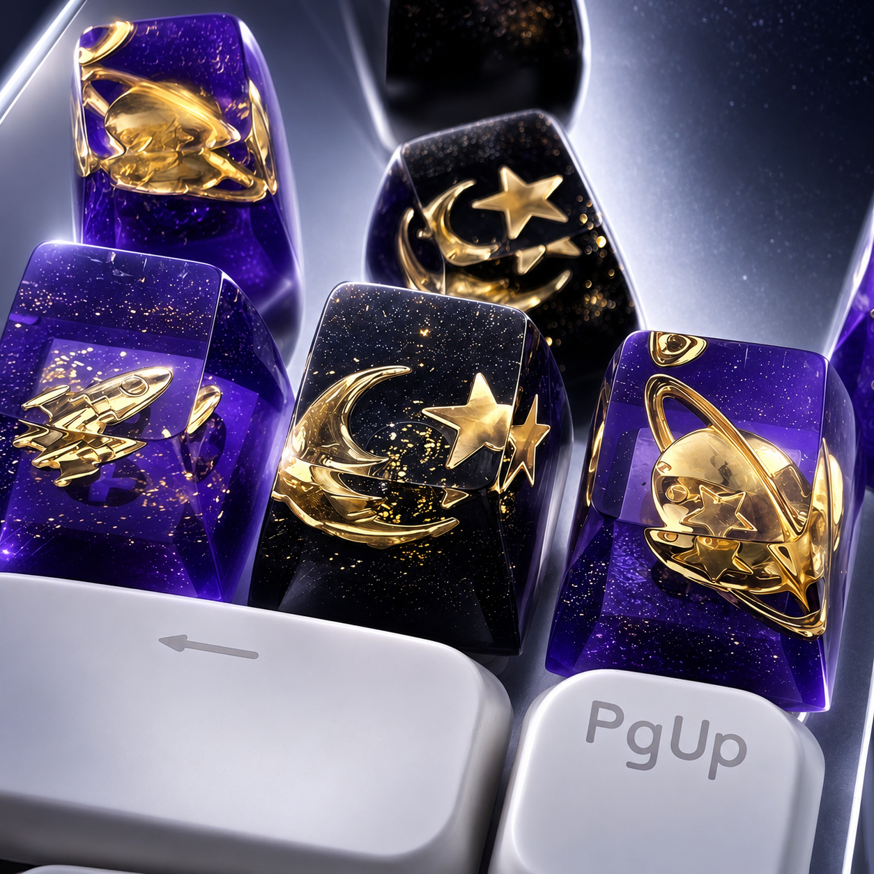 Handmade Galaxy Space Artisan Keycap - Crystal Resin Cosmic Keycaps for Mechanical Keyboards, Custom Starry Moon, Planet, Rocket & Meteor Esc Backspace Keycaps