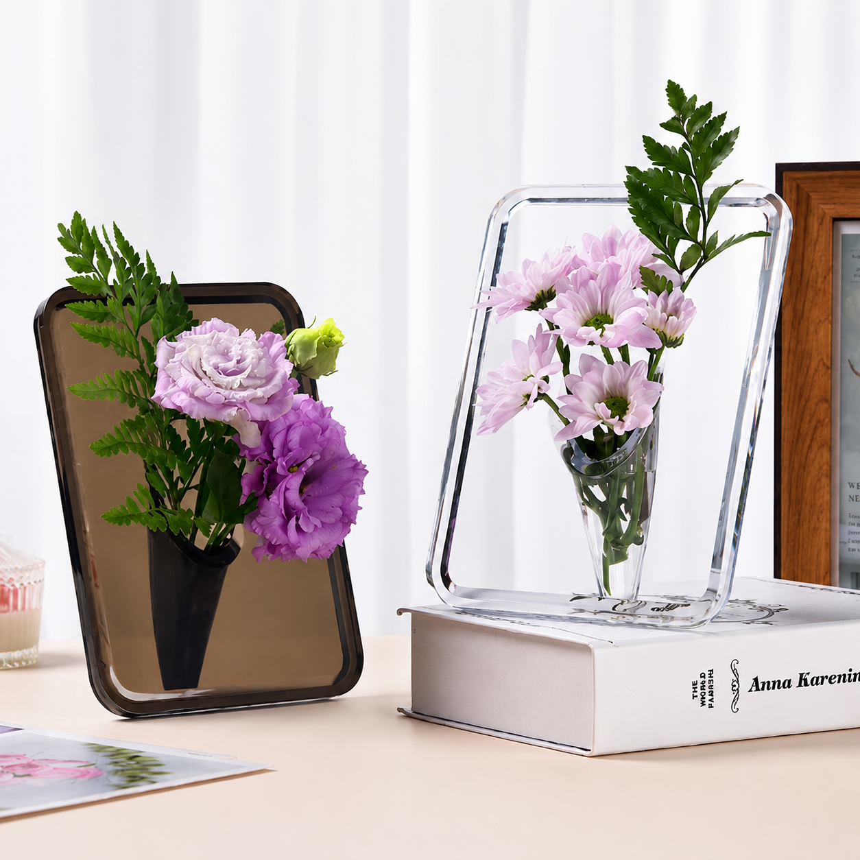 Clear Nordic Picture Frame Vase - Minimalist Vertical Floating Glass Flower Vase, Modern Tabletop Centerpiece & Home Decor Ornament