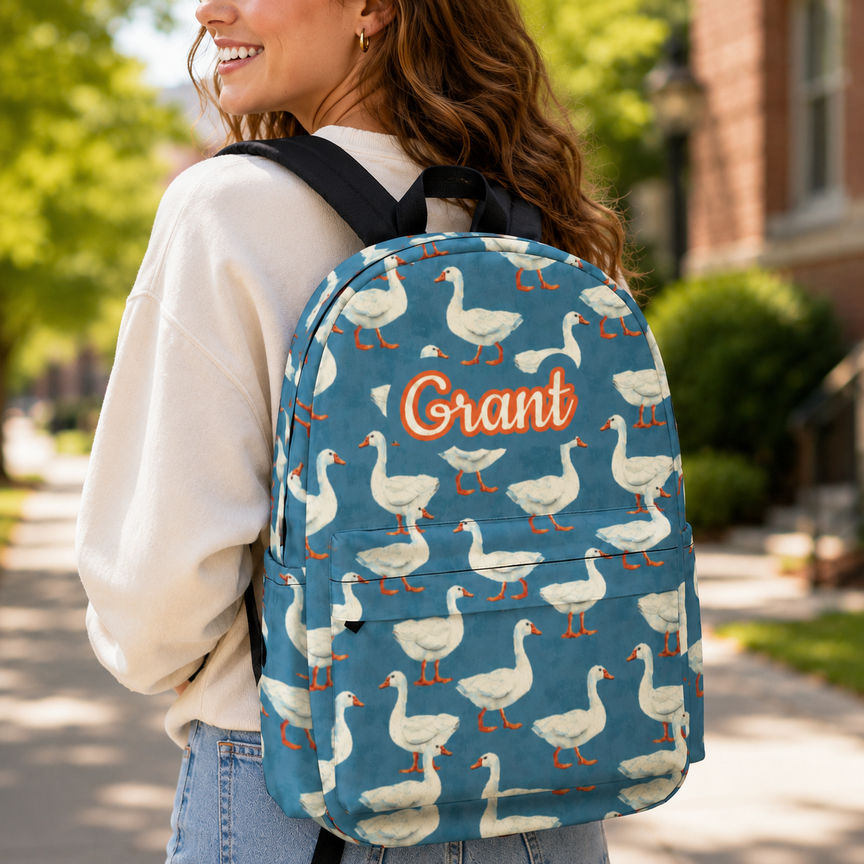 Custom Name Vintage Goose Pattern Backpack - Personalized Cute Duck Schoolbag for Kids & Teens, Aesthetic Back to School Gift