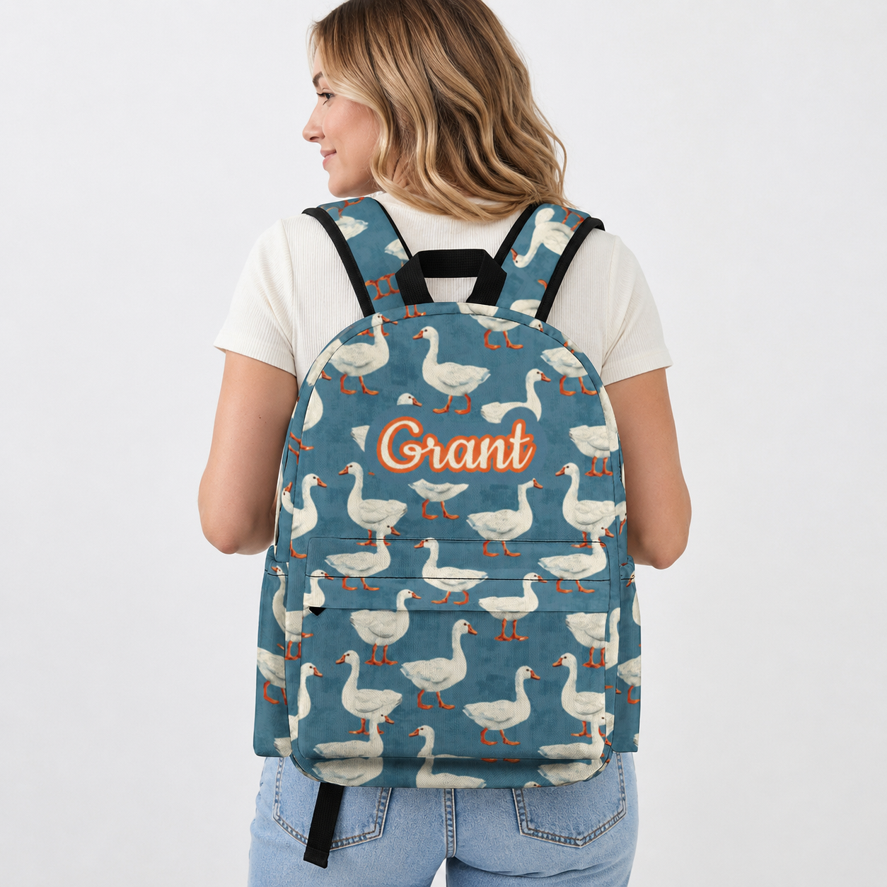 Custom Name Vintage Goose Pattern Backpack - Personalized Cute Duck Schoolbag for Kids & Teens, Aesthetic Back to School Gift