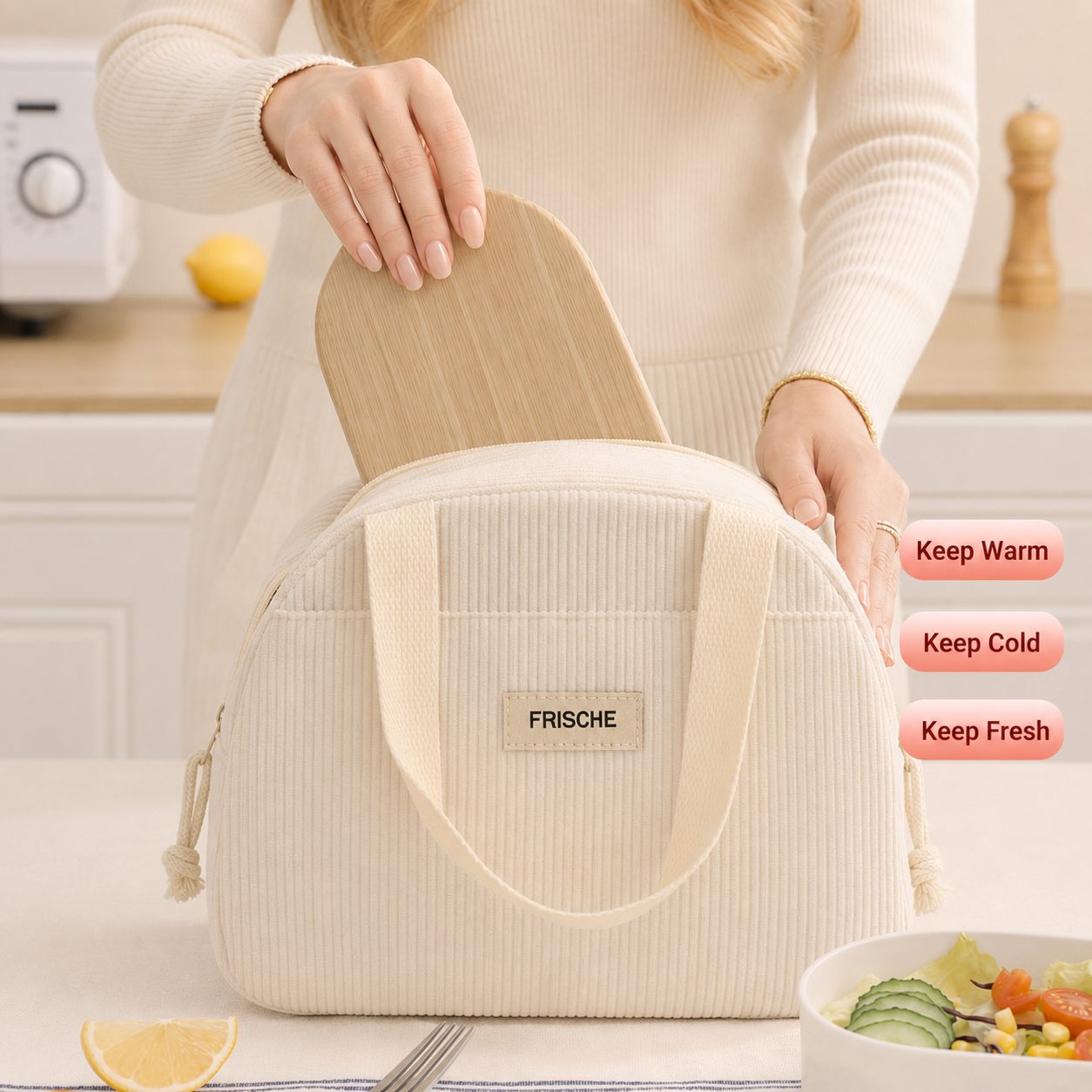 Insulated Corduroy Lunch Bag - Aesthetic Thermal Bento Tote for School & Office, Back to School Leakproof Meal Prep Bag