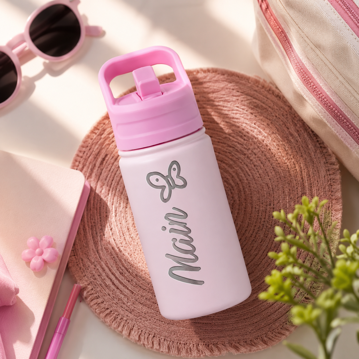 Personalized Kids Water Bottle with Straw - Custom Laser Engraved Name & Icon Stainless Steel Thermos, Leakproof Insulated School Travel Mug (Back to School Gift)
