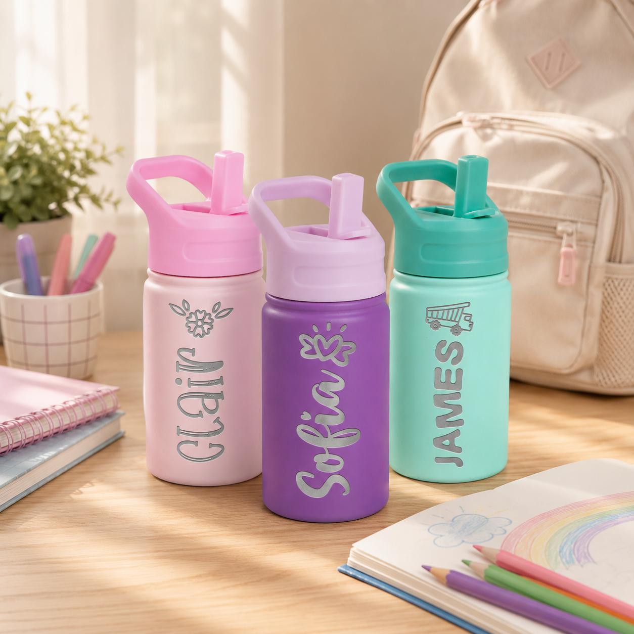 Personalized Kids Water Bottle with Straw - Custom Laser Engraved Name & Icon Stainless Steel Thermos, Leakproof Insulated School Travel Mug (Back to School Gift)
