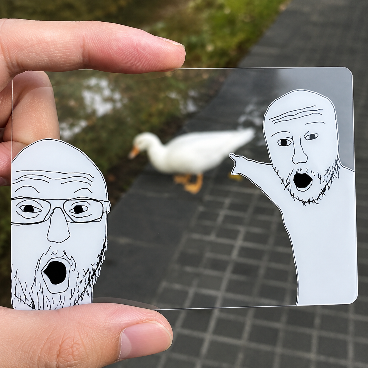 Funny Wojak Pointing Clear Meme Card – Transparent Acrylic Photography Prop, Novelty Gag Gift & Prank Photo Accessory for Meme Lovers