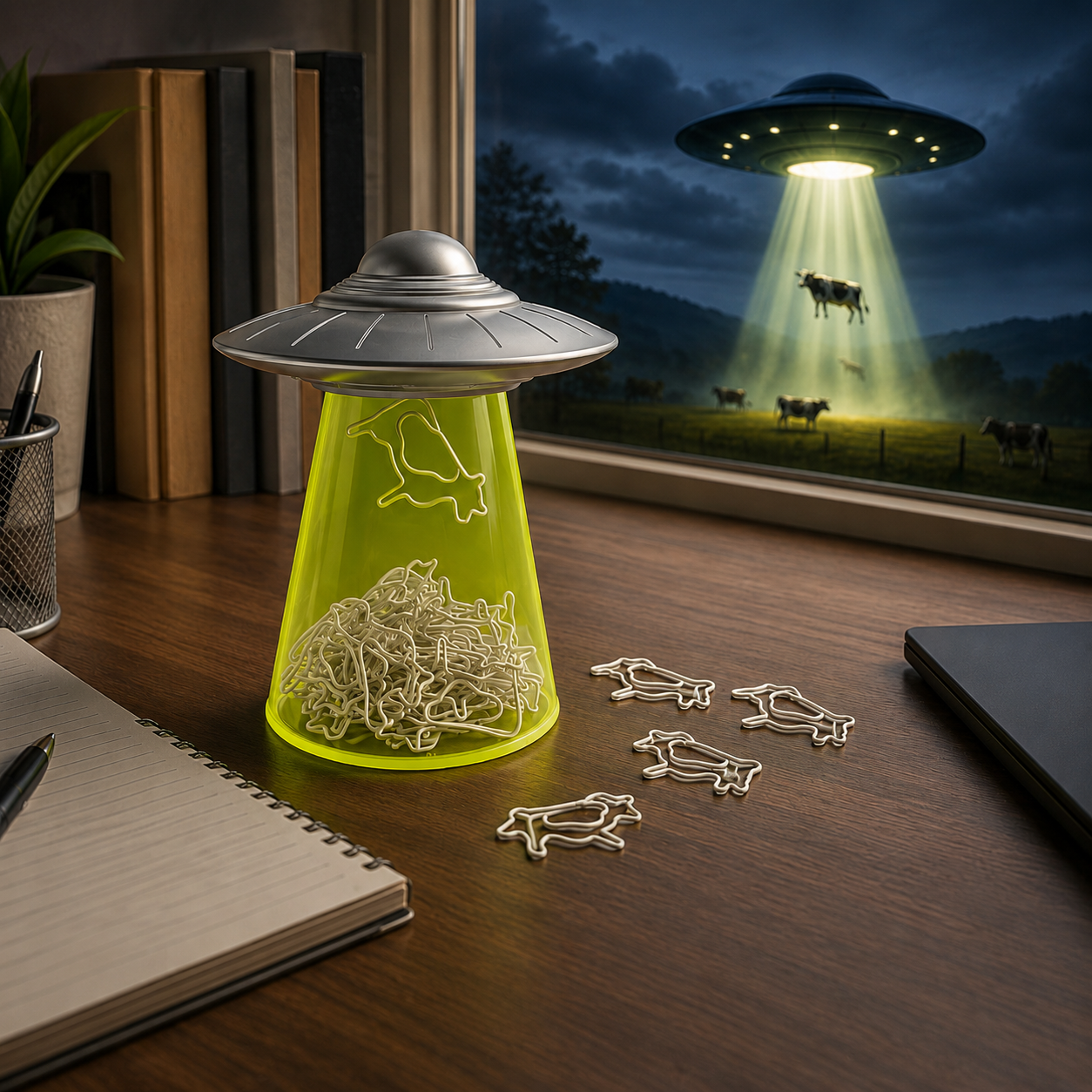 UFO Cow Abduction Magnetic Paperclip Holder | Creative Alien Spaceship Desk Organizer with Cute Cow Paper Clips, Funny Novelty Office Supplies & Gift