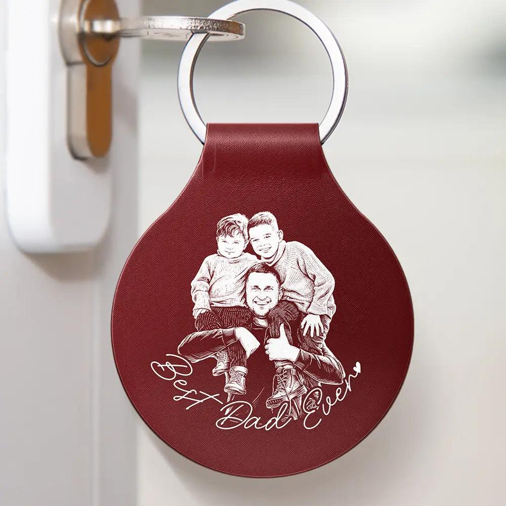 Custom Photo Pencil Sketch Best Dad Ever - Personalized Custom Shaped Leather Keychain - MySpotifyGlass